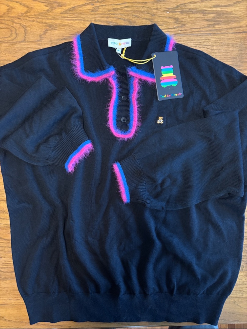 Teddy Fresh Black V-Neck Sweater with Pink & Blue Fuzzy Trim NWT Rare.